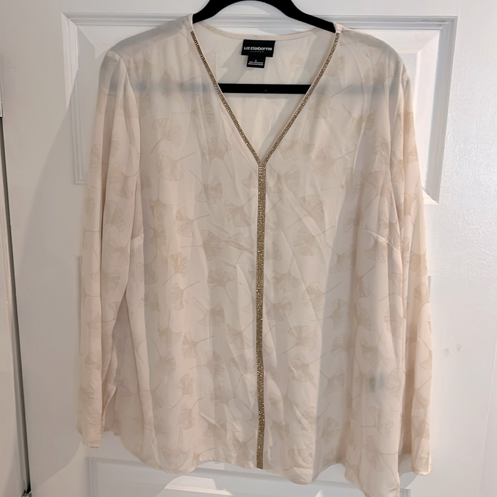 Liz Claiborne Shear Long Sleeve Blouse with Gold Rhinestones